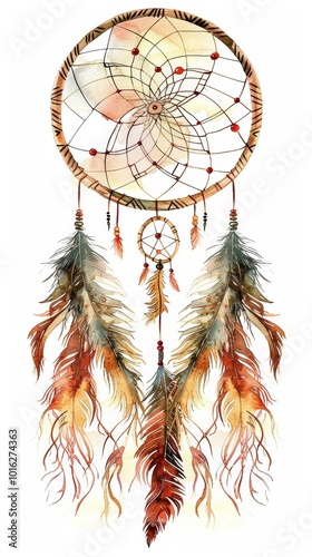 Dreamcatcher with Flowing Mane and Tribal Patterns, Earthy Colors Watercolor Illustration, Boho Decor Inspiration Generative AI