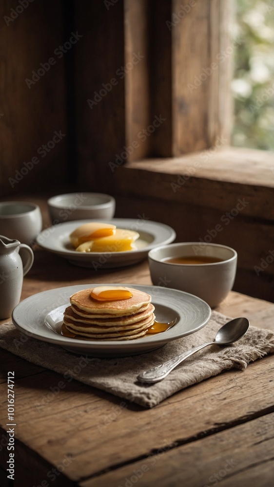 Stack of pancakes topped with slice of orange, syrup sits on rustic wooden table near window, accompanied by plates with more slices of orange, cups of tea, syrup pitcher. Warm lighting. Stack of pancakes topped with slice of orange, syrup sits on rustic wooden table near window, accompanied by plates with more slices of orange, cups of tea, syrup pitcher. Warm lighting.