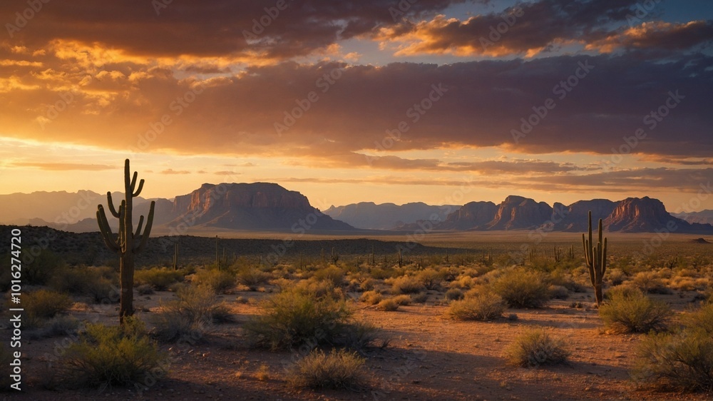 Fototapeta premium Vast desert landscape bathes in warm glow of setting sun, with towering cacti standing prominently in foreground. Horizon dominated by majestic.