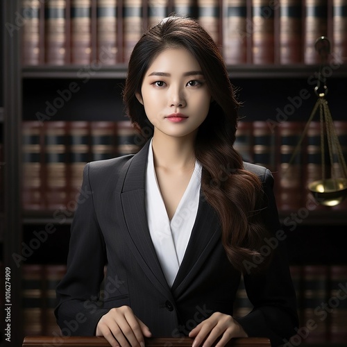 Portrait of a young Asian female lawyer smiling and happy at her workplace in the office. Chinese lawyer, technologist and professional face, female lawyer and legal consultant in a law firm.