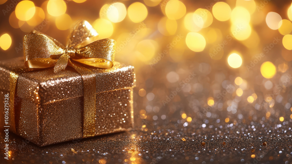 Luxury invitation template with gold glitter gift, copy space, light bokeh background. Generative AI