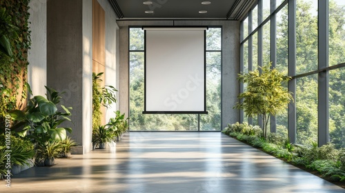 Modern office hallway with large windows, plants, and a blank projection screen.
