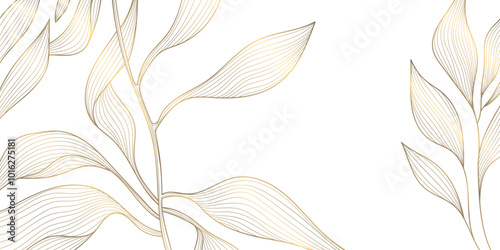 Vector art deco line floral leaf pattern. Japanese garden tree, luxury plant design, golden on white. Graphic print foliage decor