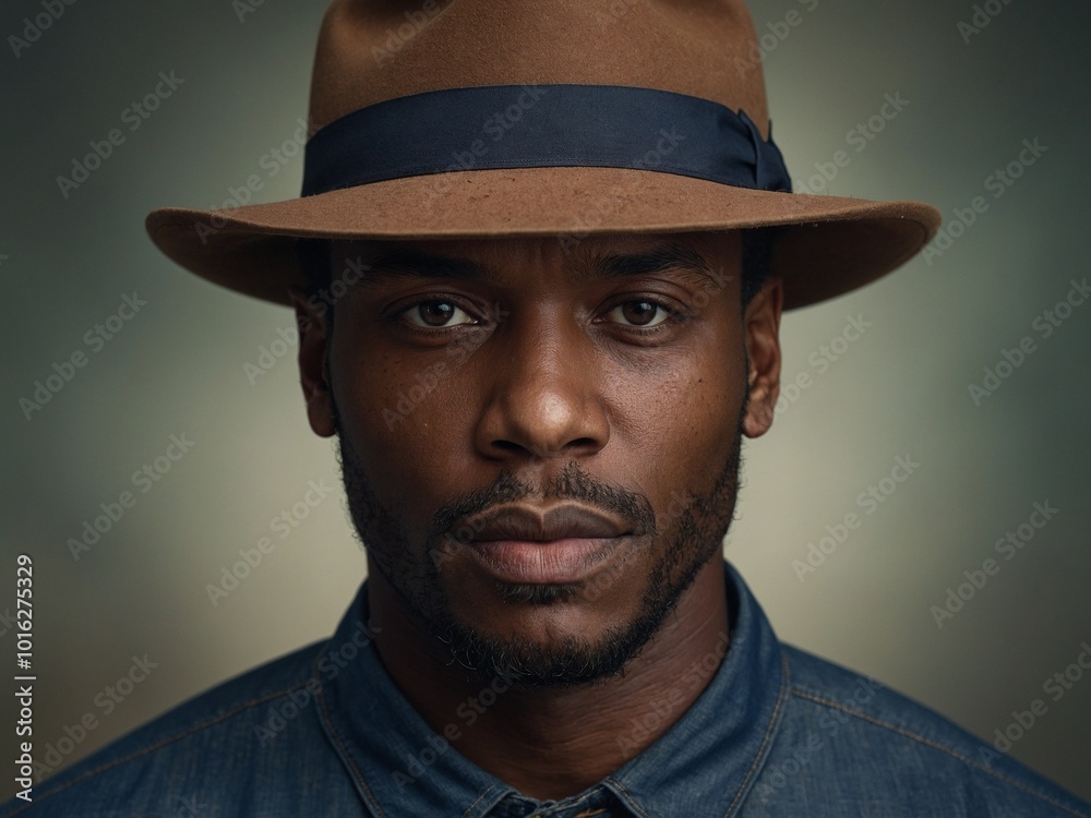 Middle-aged Black man with short dark hair wearing brown fedora hat and navy blue collared shirt Middle-aged Black man with short dark hair wearing brown fedora hat and navy blue collared shirt
