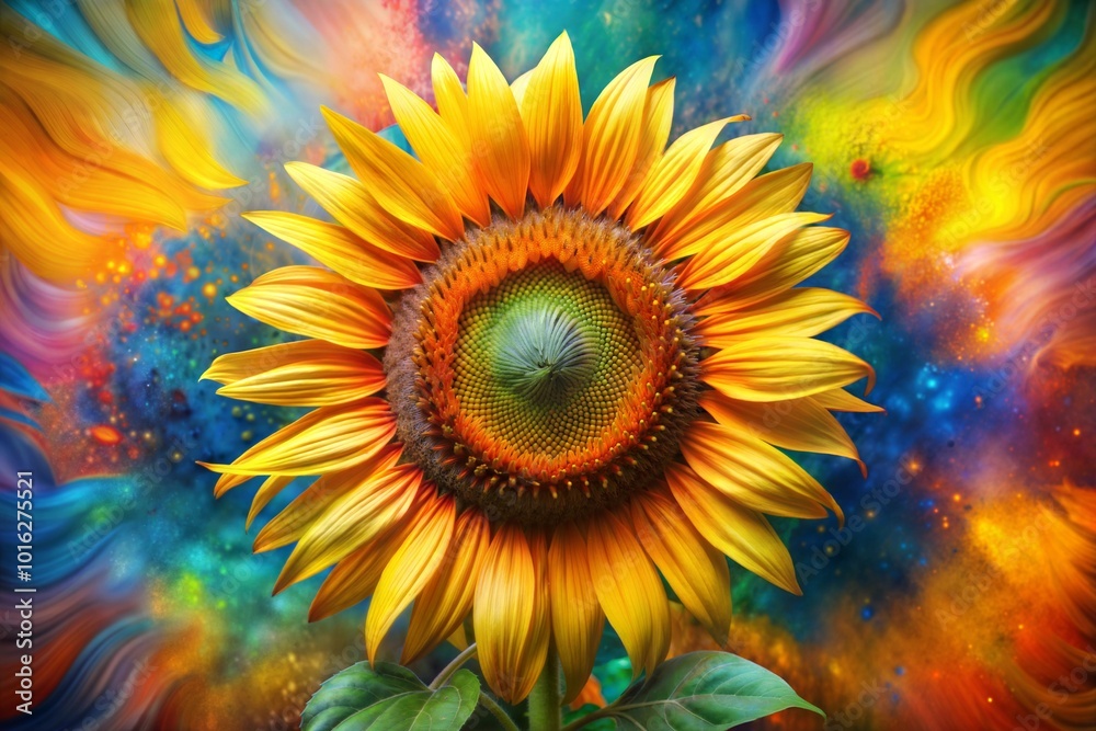 Vibrant sunflower against cosmic swirling background Vibrant sunflower against cosmic swirling background