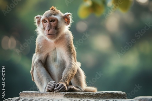 Monkey with light brown coat and dark brown spots sits on gray rock in verdant landscape. Monkey body oriented right, head turned left. Rich foliage background with blurred tree in distance. photo