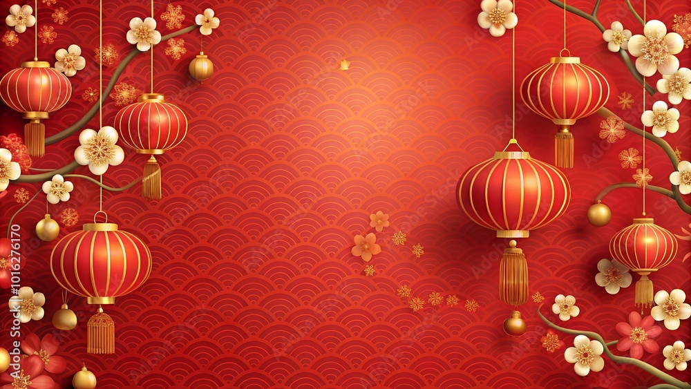 Red Chinese lanterns with floral decorations on festive background. Red Chinese lanterns with floral decorations on festive background.
