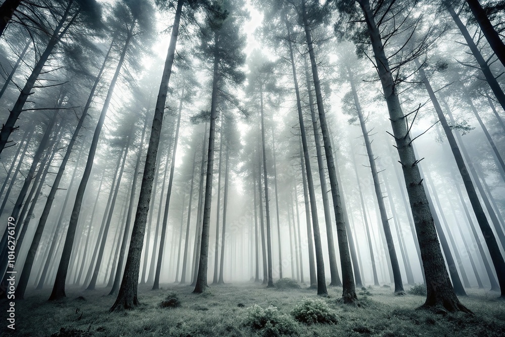 Naklejka premium mystical forest with misty surroundings and tall trees