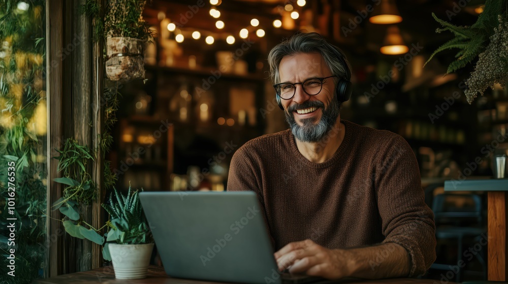 Smiling Mature Man Working on Laptop in Cozy Cafe Smiling Mature Man Working on Laptop in Cozy Cafe