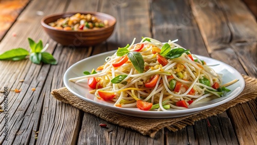 Malaysian bean sprout salad in white plate on wooden background