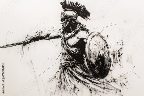 An expressive black and white sketch of a warrior with a helmet, shield, and spear ready for battle with dynamic strokes
