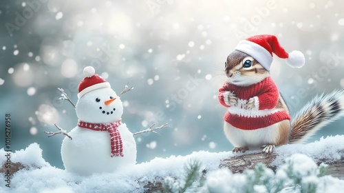 A Festive Chipmunk in a Santa Hat Posing with a Snowman in a Snowy Winter Wonderland