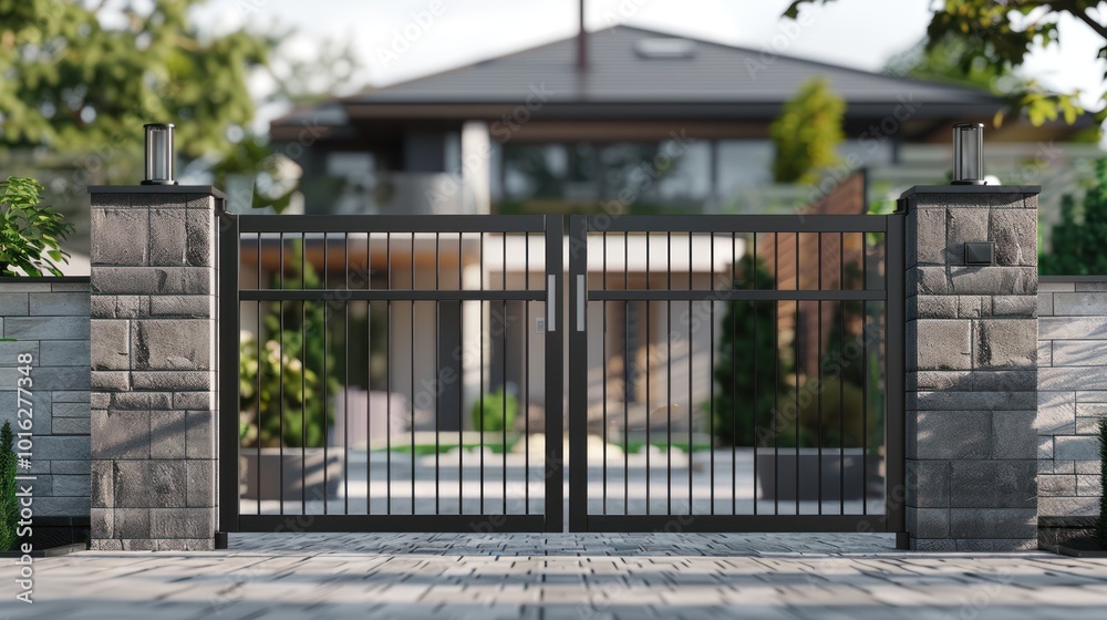 Modern Black Metal Gate with Stone Pillars and a Blurred Background of a House Modern Black Metal Gate with Stone Pillars and a Blurred Background of a House