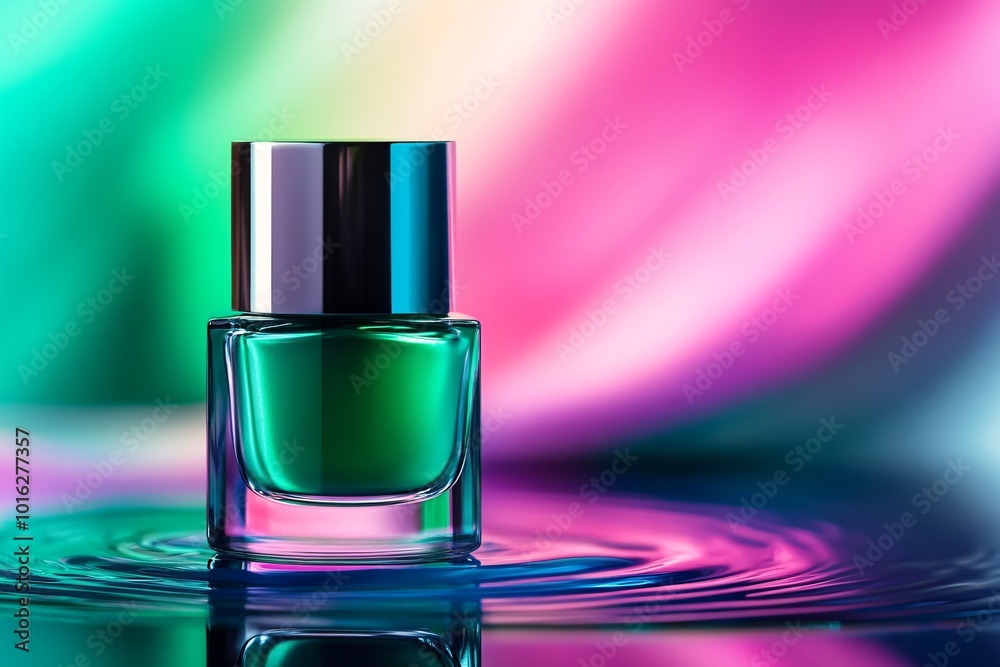 Green glass bottle with silver cap, placed on rippled water surface with a colorful background. Green glass bottle with silver cap, placed on rippled water surface with a colorful background.