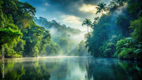 Mystical mist over tranquil rainforest river Extreme Close-Up