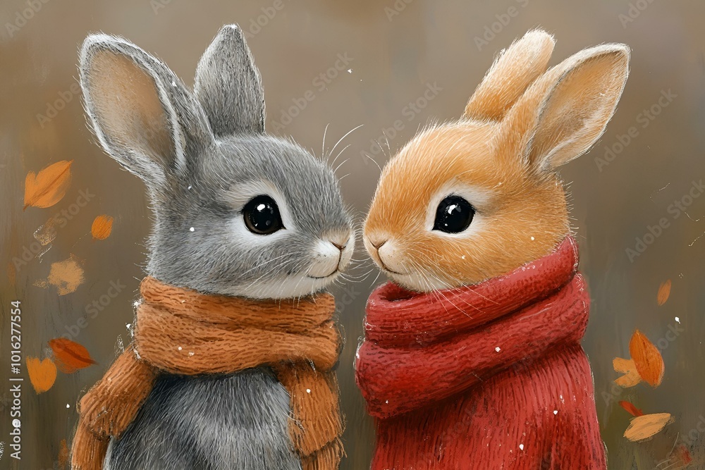 Fototapeta premium two rabbits wearing scarves and standing next to each other