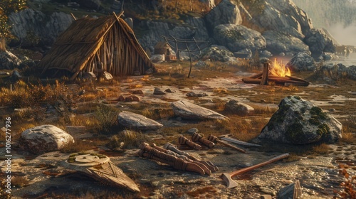 Primitive Stone Age Campsite with Fire, Weapons, and Hut