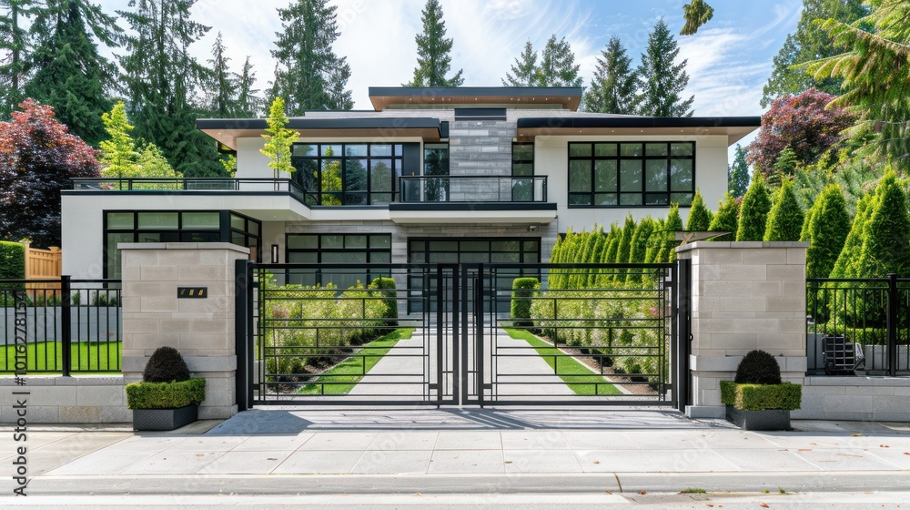 Modern Two-Story House with Black Iron Gate and Landscaped Front Yard Modern Two-Story House with Black Iron Gate and Landscaped Front Yard