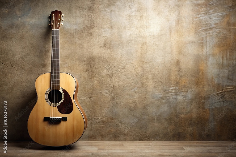 Naklejka premium High angle acoustic guitar hanging on wall with vibrant splash colors