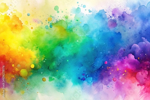 Abstract watercolor background with splashes of color in yellow, blue, green, purple, and pink silhouette