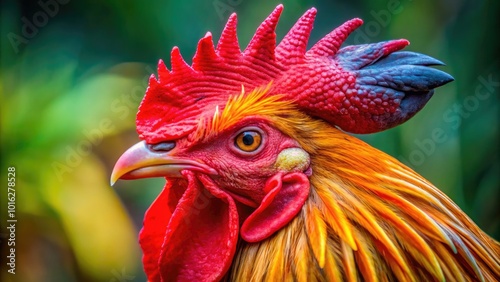 Close-up of a rooster's head featuring vibrant plumage, bright red comb, and wattle, with intricate details of beak, eyes, and facial feathers in sharp focus.