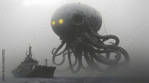 A surreal depicting a massive octopus like creature with its tentacles wrapped around a smaller ship photo