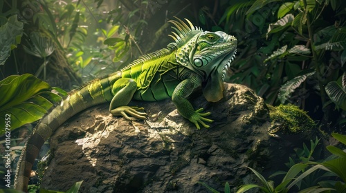 Green Iguana Lizard Resting on a Rock in a Tropical Rainforest Setting photo