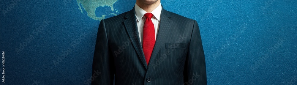 A professional individual in a suit with a red tie stands against a blue background, exuding confidence and authority. A professional individual in a suit with a red tie stands against a blue background, exuding confidence and authority.