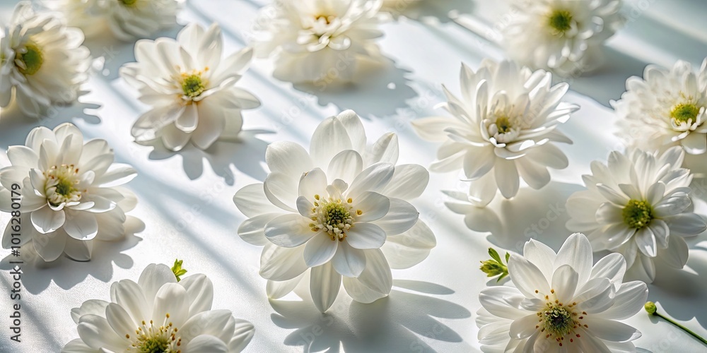 Closeup of White Flowers with Shadows on White Surface for Elegant Floral Photography
