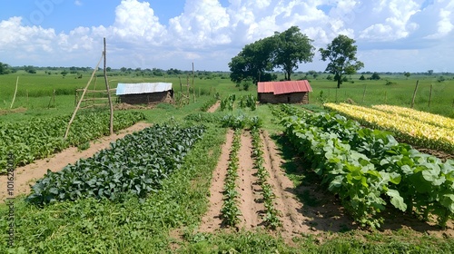 A vibrant polyculture farming system with a variety of crops and plants growing together harmoniously in a picturesque rural landscape promoting soil health and ecological balance photo