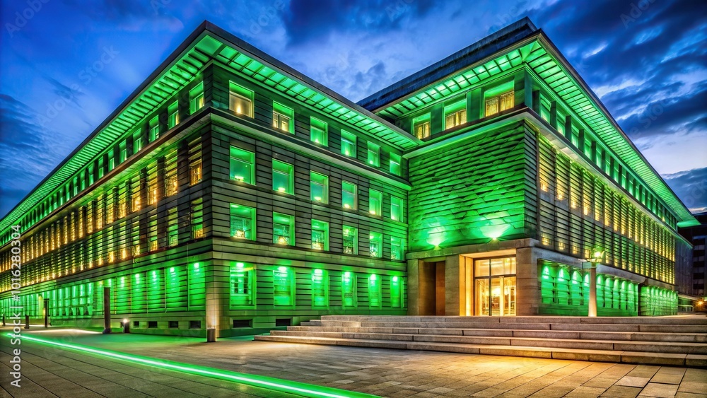 Naklejka premium National Library Week celebration with green bricks illuminated by lights and books leading lines