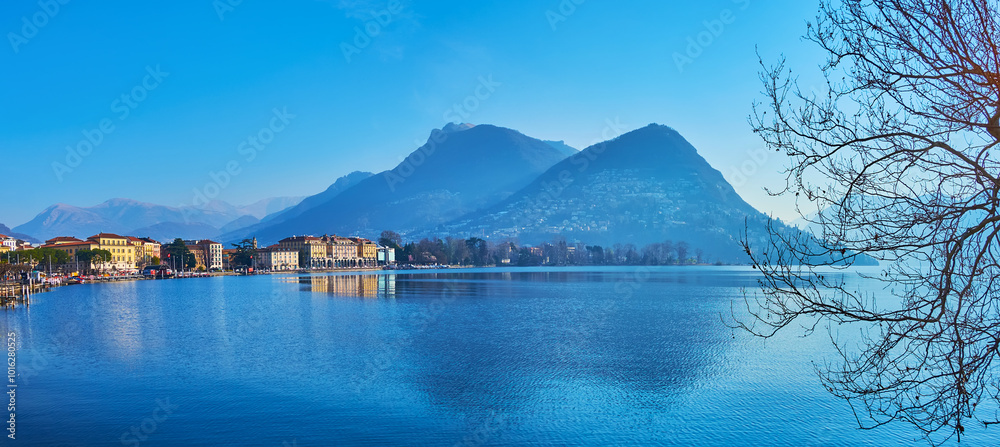Naklejka premium Panorama with Lake Lugano and Monte Bre, Lugano, Switzerland