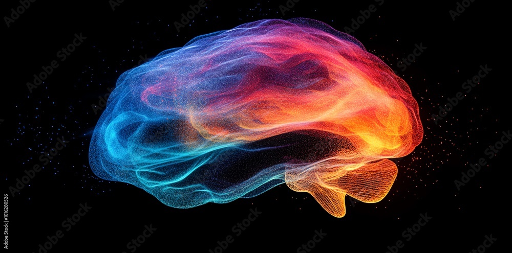 Abstract digital rendering of a human brain in red, orange, and blue on a black background. Abstract digital rendering of a human brain in red, orange, and blue on a black background.