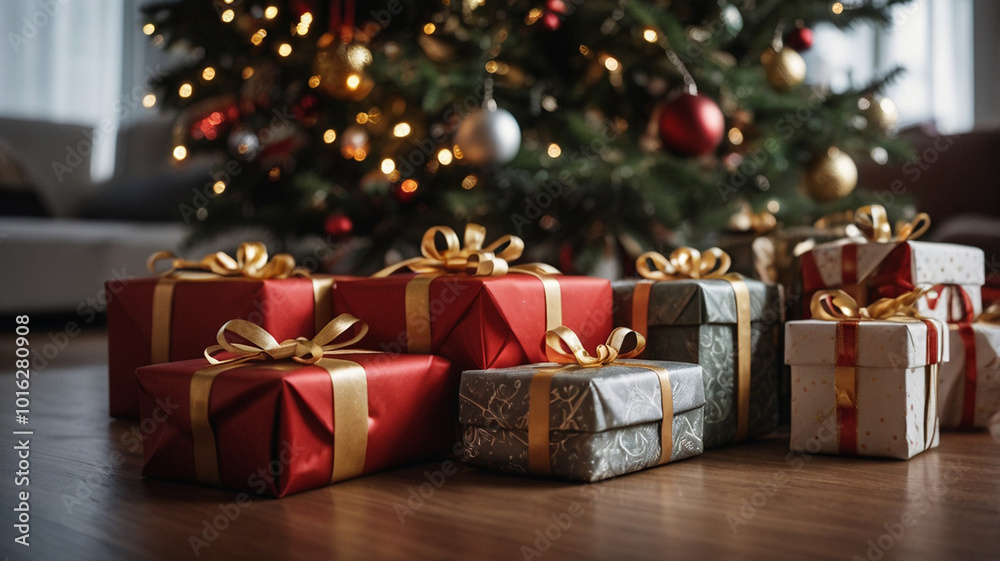 Many Christmas presents under the Christmas tree, indoors, warm atmosphere, festive decoration Many Christmas presents under the Christmas tree, indoors, warm atmosphere, festive decoration