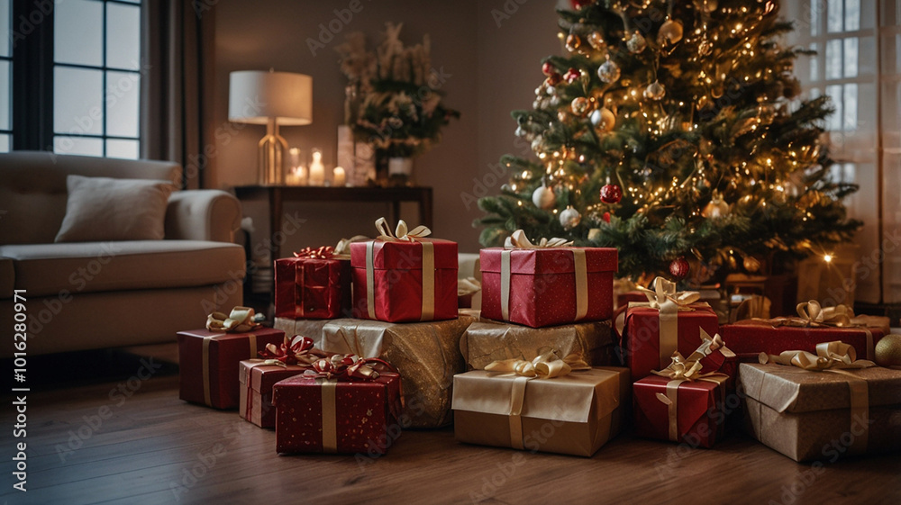Obraz premium Many Christmas presents under the Christmas tree, indoors, warm atmosphere, festive decoration