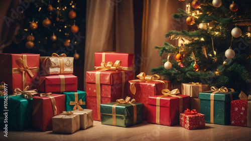 Many Christmas presents under the Christmas tree, indoors, warm atmosphere, festive decoration