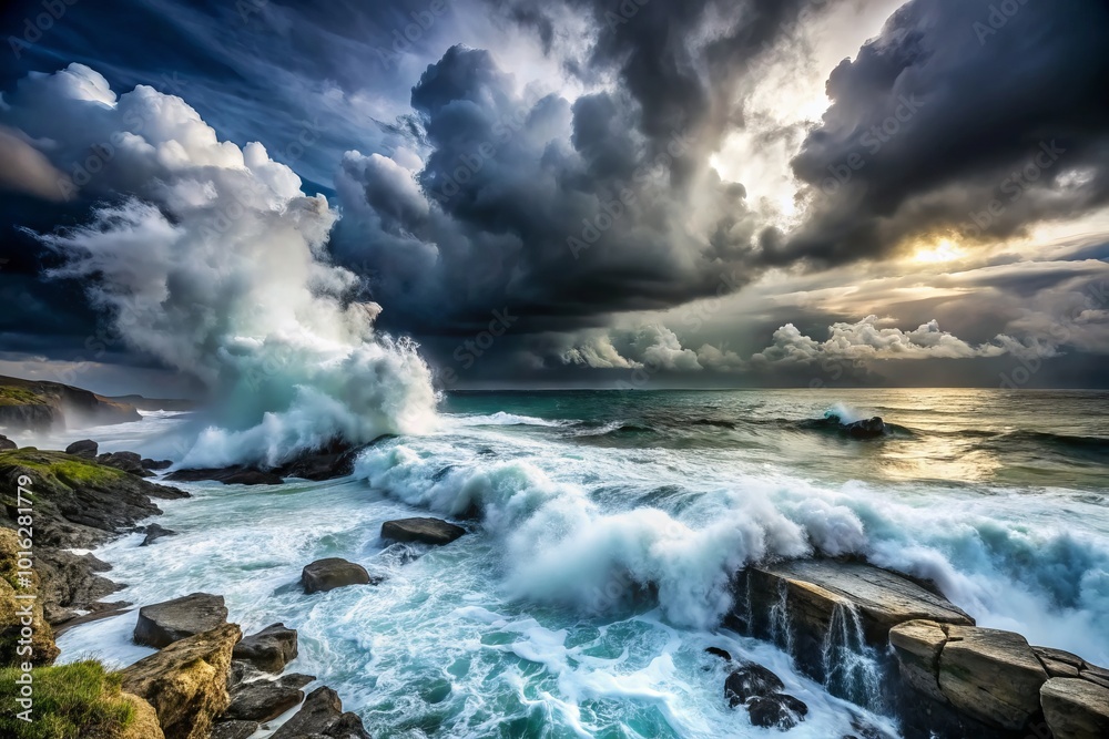 Obraz premium A dramatic thunderstorm rages over wild sea surf, colliding with a rugged coastline as dark clouds unleash nature’s powerful energy, showcasing