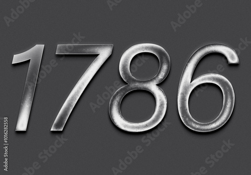 Chrome metal 3D number design of 1786 on grey background.