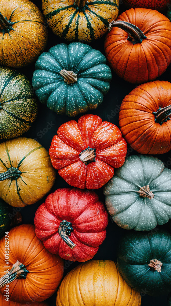 A charming array of pumpkins in green, orange, and blue hues, cleverly arranged to highlight textural differences and seasonal charm, lending warmth and depth. A charming array of pumpkins in green, orange, and blue hues, cleverly arranged to highlight textural differences and seasonal charm, lending warmth and depth.
