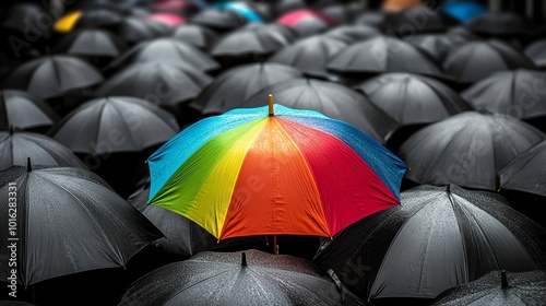 A yellow umbrella stands out amongst a crowd of black umbrellas.