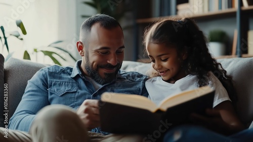 Father and Daughter Reading Together on Couch