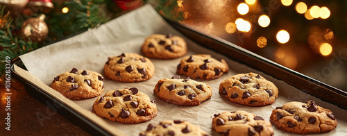 A tray of delicious chocolate chip cookies is highlighted by glowing holiday lights, creating a cozy and joyful atmosphere perfect for festive celebrations.