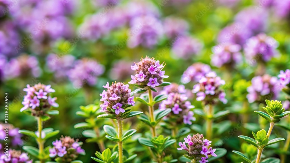 Natural garden background with creeping thyme leaves and inflorescences Natural garden background with creeping thyme leaves and inflorescences