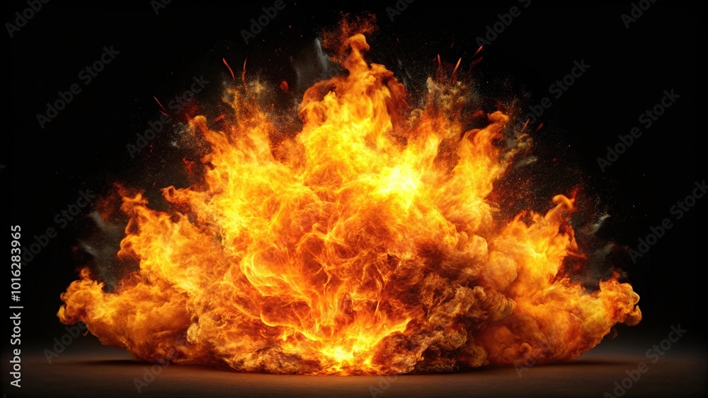 Massive fire explosion with sparks on black background Massive fire explosion with sparks on black background