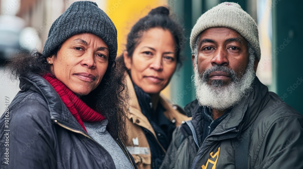 A striking portrait of three individuals, showcasing their unique expressions and styles against an urban backdrop. A striking portrait of three individuals, showcasing their unique expressions and styles against an urban backdrop.