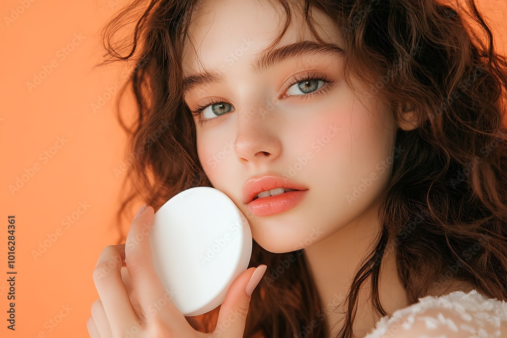 Beautiful Woman With Curly Hair Holding a Cosmetic Jar - Portrait Photo Beautiful Woman With Curly Hair Holding a Cosmetic Jar - Portrait Photo