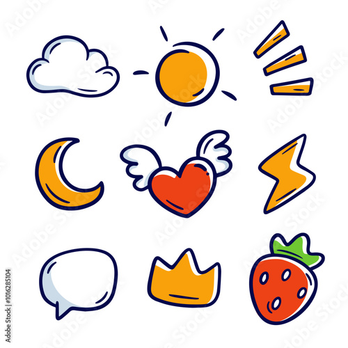 A playful vector icon set featuring hand-drawn illustrations of a cloud, sun, heart with wings, moon, crown, lightning, strawberry, speech bubble, and sun rays. Perfect for creative designs.