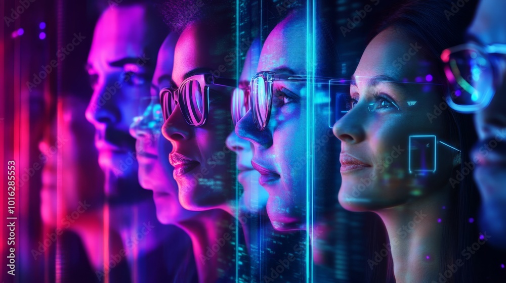 A futuristic scene with diverse individuals in glasses, illuminated by vibrant neon lights, reflecting themes of technology and connection. A futuristic scene with diverse individuals in glasses, illuminated by vibrant neon lights, reflecting themes of technology and connection.