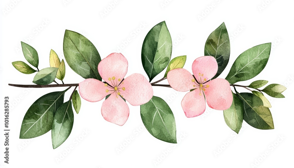 Obraz premium A delicate vector illustration of spring floral branches with soft watercolor leaves and blossoms, painted in pastel shades of pink, green, and yellow, isolated on a white background.