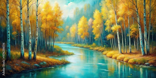 High angle oil painting of river and birch trees in forest in gold and turquoise charming scene photo